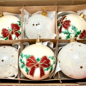 6 Polish Glass Christmas Ball Ornaments Antique White Red Bows Gold Glitter Star